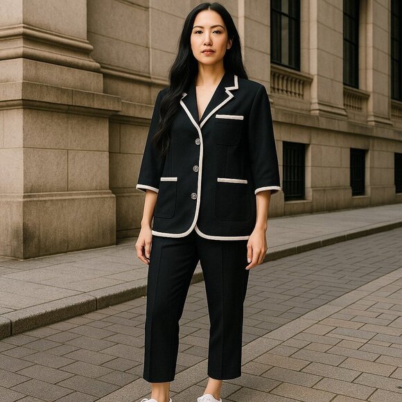 Ava Molli Wool Top Jacket 3/4 Sleeve Button Front Black White Womens Small - Picture 2 of 8